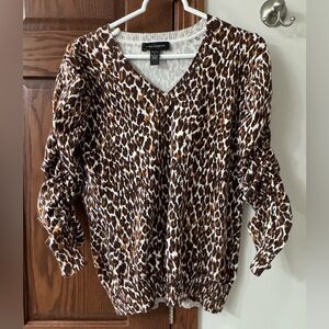 Cable & Gauge Ruched 3/4 Sleeve Brown and Tan Blouse leopard print LARGE